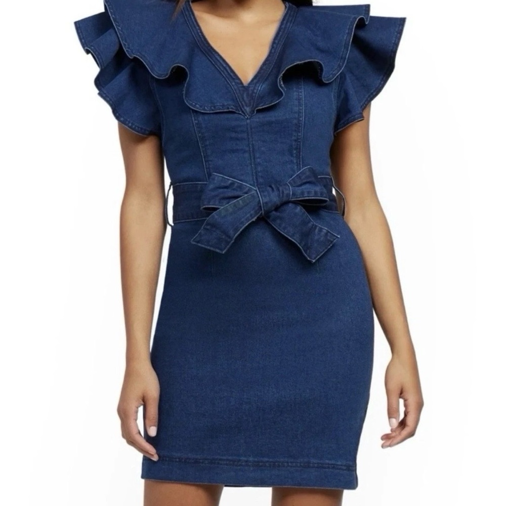 New York & Company Navy Denim Ruffle-Sleeve Belted Mini Dress, New With Tags